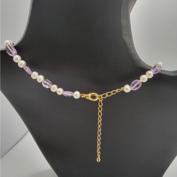 NEW Amethyst and Freshwater Pearl Necklace with Yellow Gold Clasp - Picture 4 of 6